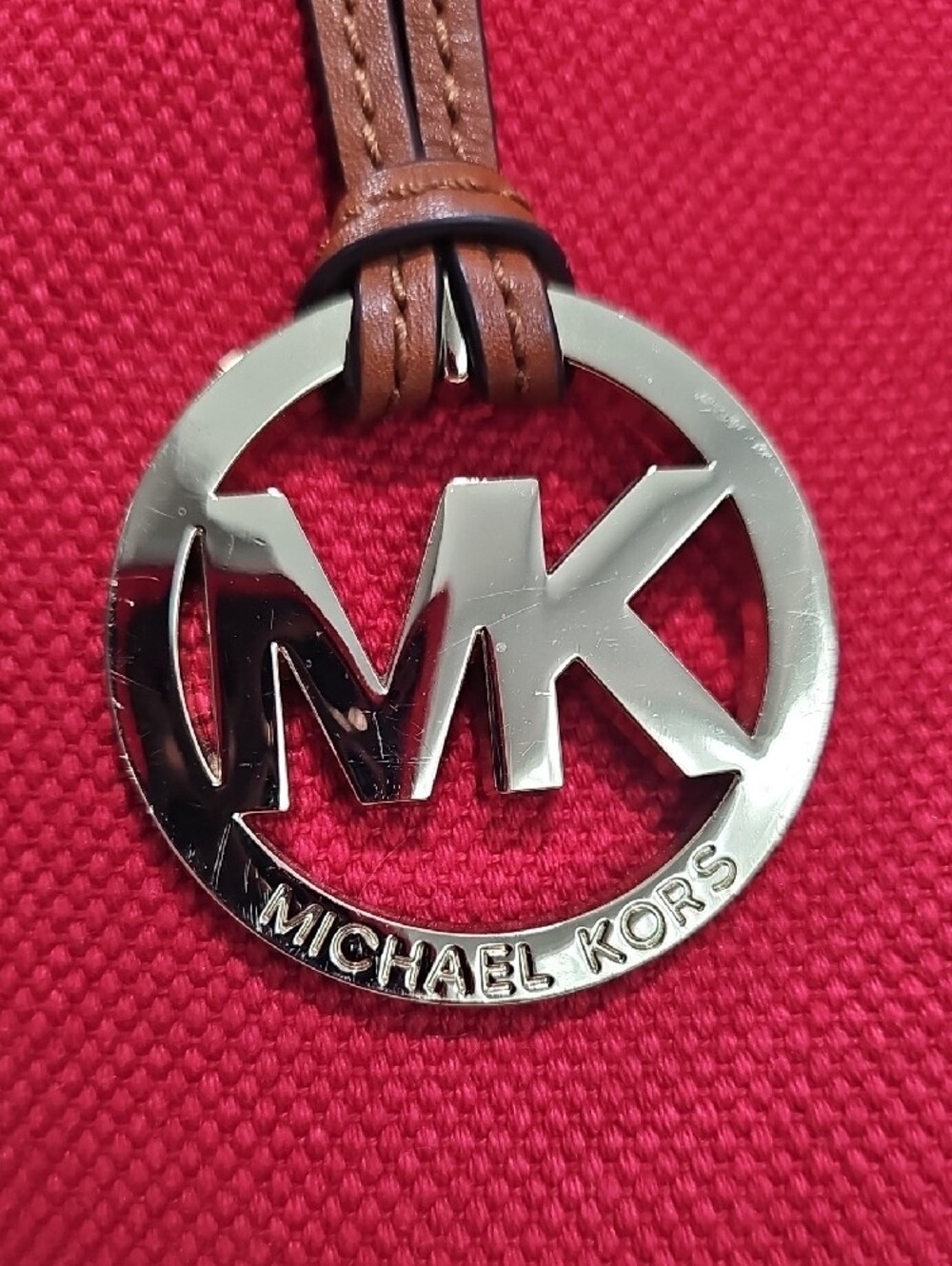 Michael Kors Red Canvas Tote with Brown Leather Handles and Gold MK Charm - Picture 3 of 17